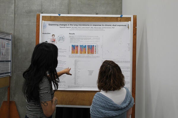 people looking at a poster